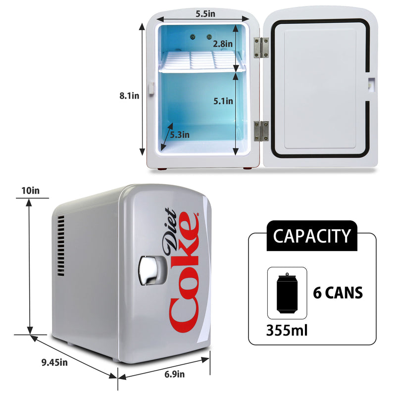 Two product shots of Coca-Cola Diet Coke 4L mini fridge, open and closed, on a white background, with interior and exterior dimensions labeled. Inset text and icons describes: Capacity - 6 cans 355 mL