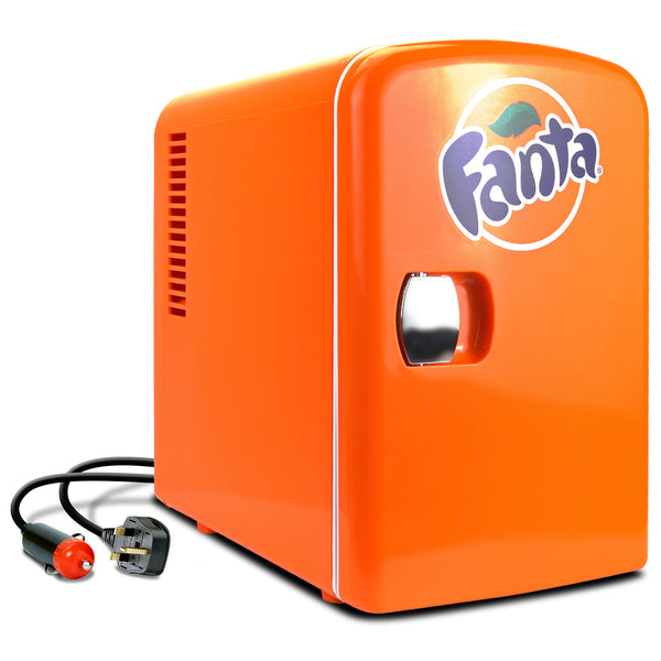 Product shot of Coca-Cola Fanta 4L mini fridge, closed, with AC and DC power cords visible, on a white background