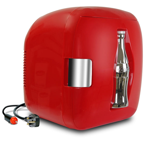 Product shot of Coca-Cola 12 can cooler/warmer, closed, on a white background with AC and DC power cords visible