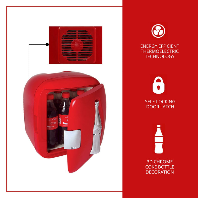 Product shot of Coca-Cola 12 can mini fridge/warmer on a white background, partly open with bottles of Coke inside and inset closeup of the fan vent above. Text and icons to the right describe: Energy efficient thermoelectric technology; self-locking door latch; 3D chrome coke bottle decoration