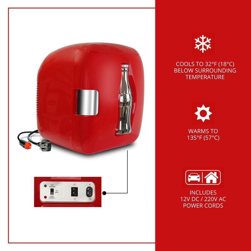 Product shot of Coca-Cola 12 can mini fridge/warmer on a white background, closed with AC and DC plugs visible and inset closeup of power switch and plug sockets below. Text and icons to the right describe: Cools to 32F (18C) below surrounding temperature; warms to 135F (57C); includes 12V DC/110V AC power cords
