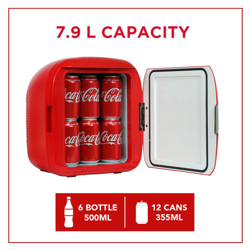 Product shot of Coca-Cola 12 can cooler/warmer, open with 12 cans of Coke inside. Text above reads, "7.9 L capacity," and text and icons below read, "6 bottle - 500 mL" and "12 cans - 355 mL"