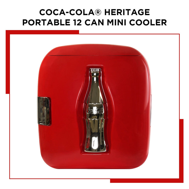 Product shot of Coca-Cola 12 can cooler, closed, on a white background with a red border. Text above reads, "Coca-Cola Heritage portable 12 can mini cooler/warmer"