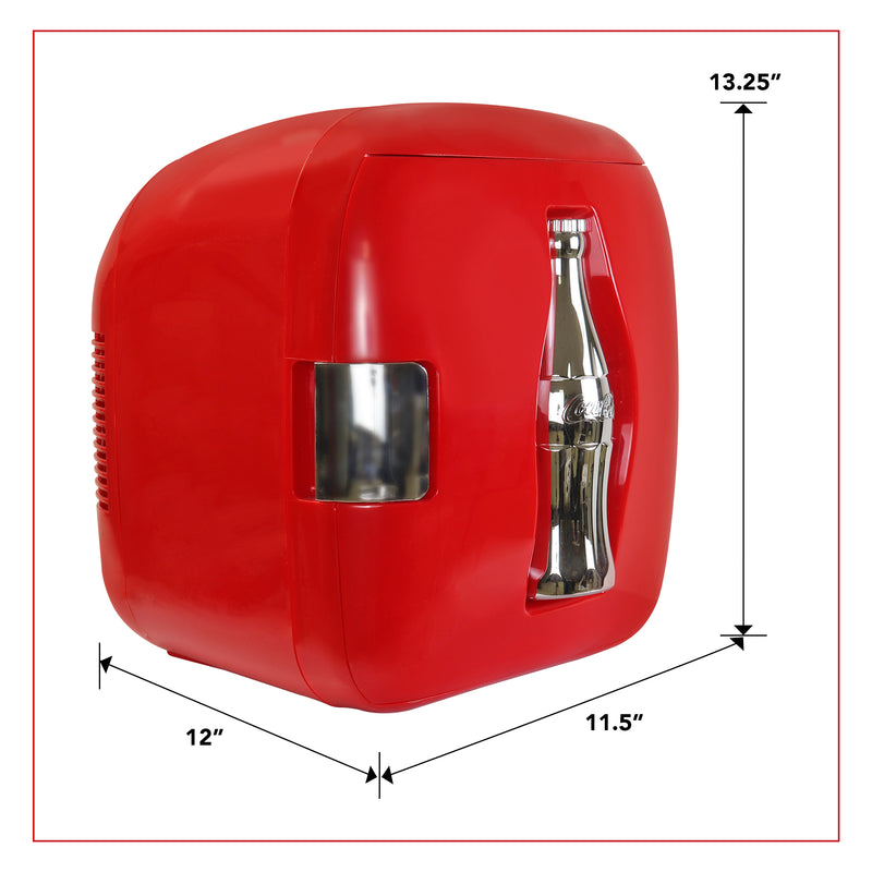 Product shot of Coca-Cola 12 can cooler/warmer, closed, on a white background with dimensions labeled