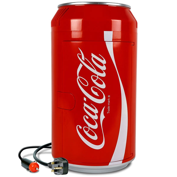 Product shot of Coca-Cola can-shaped 8 can mini fridge, closed, on a white background with AC and DC power cords visible