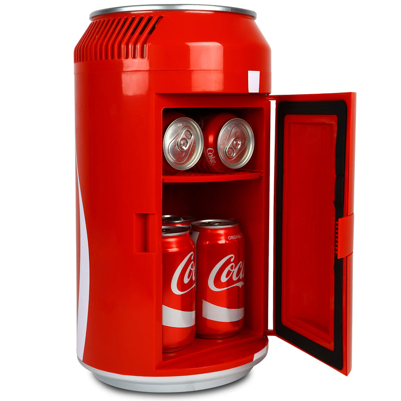 Product shot of Coca-Cola can-shaped mini fridge, open with 6 cans of Coke inside, on a white background