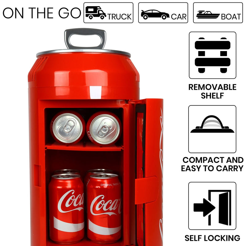 Closeup image of open cooler with 6 cans of Coke inside and pull-tab carry handle flipped up. Above are icons and text describing: On the go - truck, car, boat. To the right are icons and text describing: Removable shelf; compact and easy to carry; self-locking