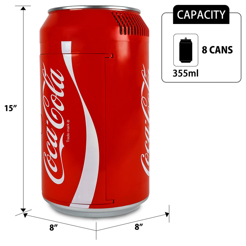 Product shot of Coca-Cola can-shaped 8 can mini fridge, closed, on a white background with dimensions labeled. Inset text with can icon reads, "Capacity: 8 cans (355 mL)"